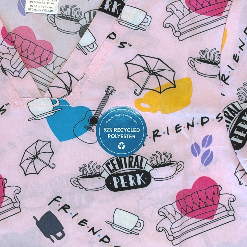 Cherokee Tooniforms Friends Scrub Top Women S Pink Central Perk V-Neck **NEW** - Picture 5 of 11
